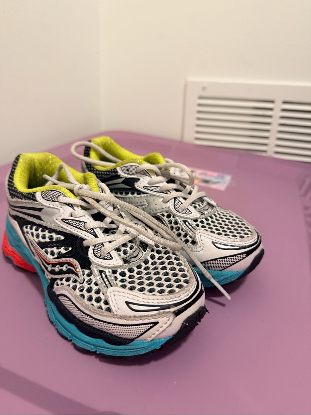 Kids Athletic Sneakers in White, Black & Teal with Neon Yellow Accent